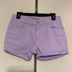 Lavender purple, mid-rise denim shorts
